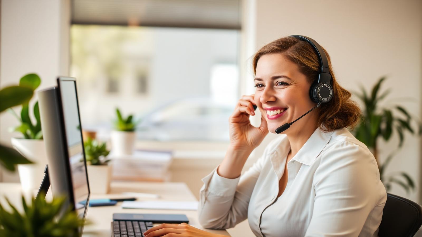 A friendly coordinator taking a call at a bright office desk