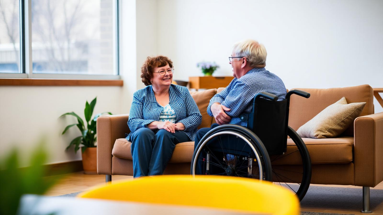 Two people chatting warmly in a bright community centre lounge