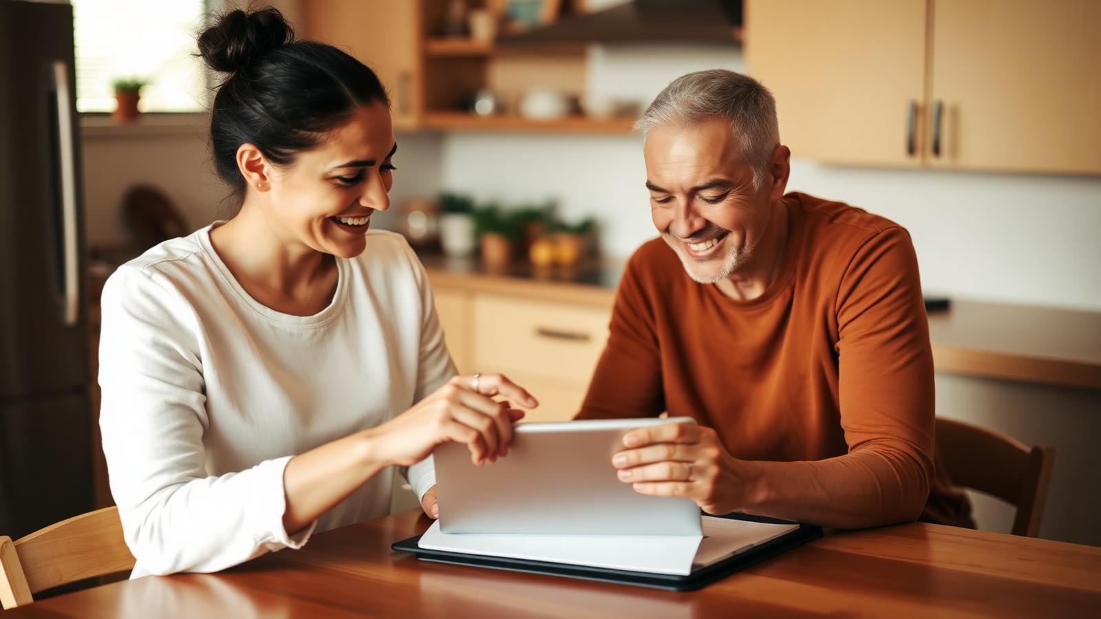A support worker helping someone complete a form at a kitchen table