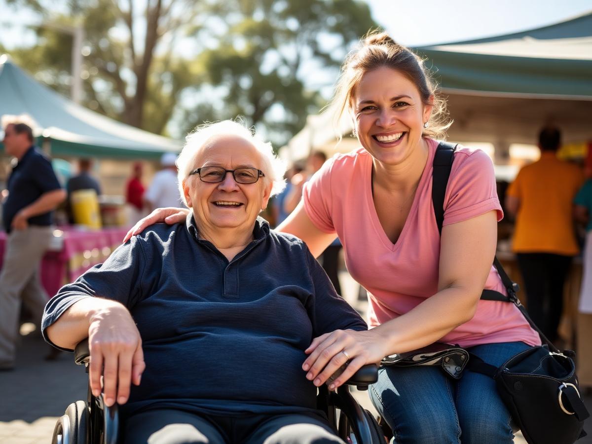A wheelchair user and their support worker smiling at a local market