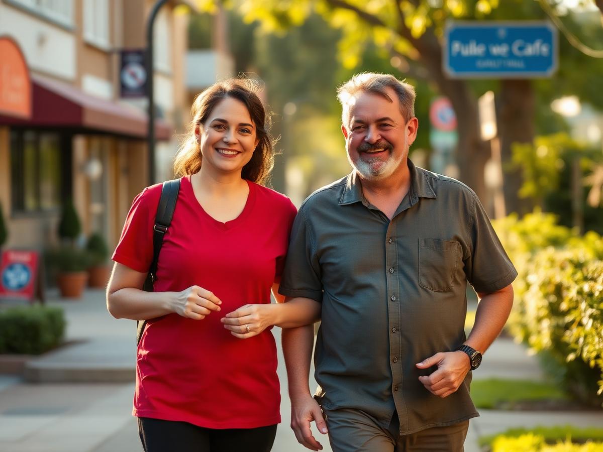 A support worker and a man walking together along a leafy neighbourhood street