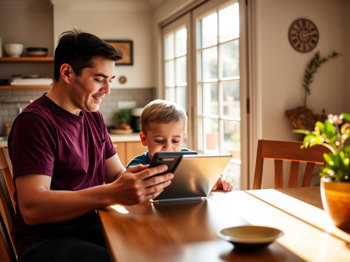 A support worker helping a young person use a tablet at home