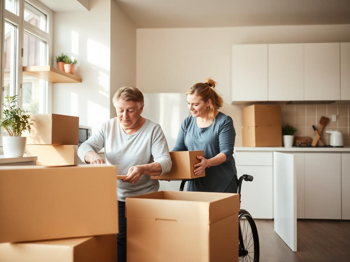Two people unpacking moving boxes in a bright new apartment kitchen